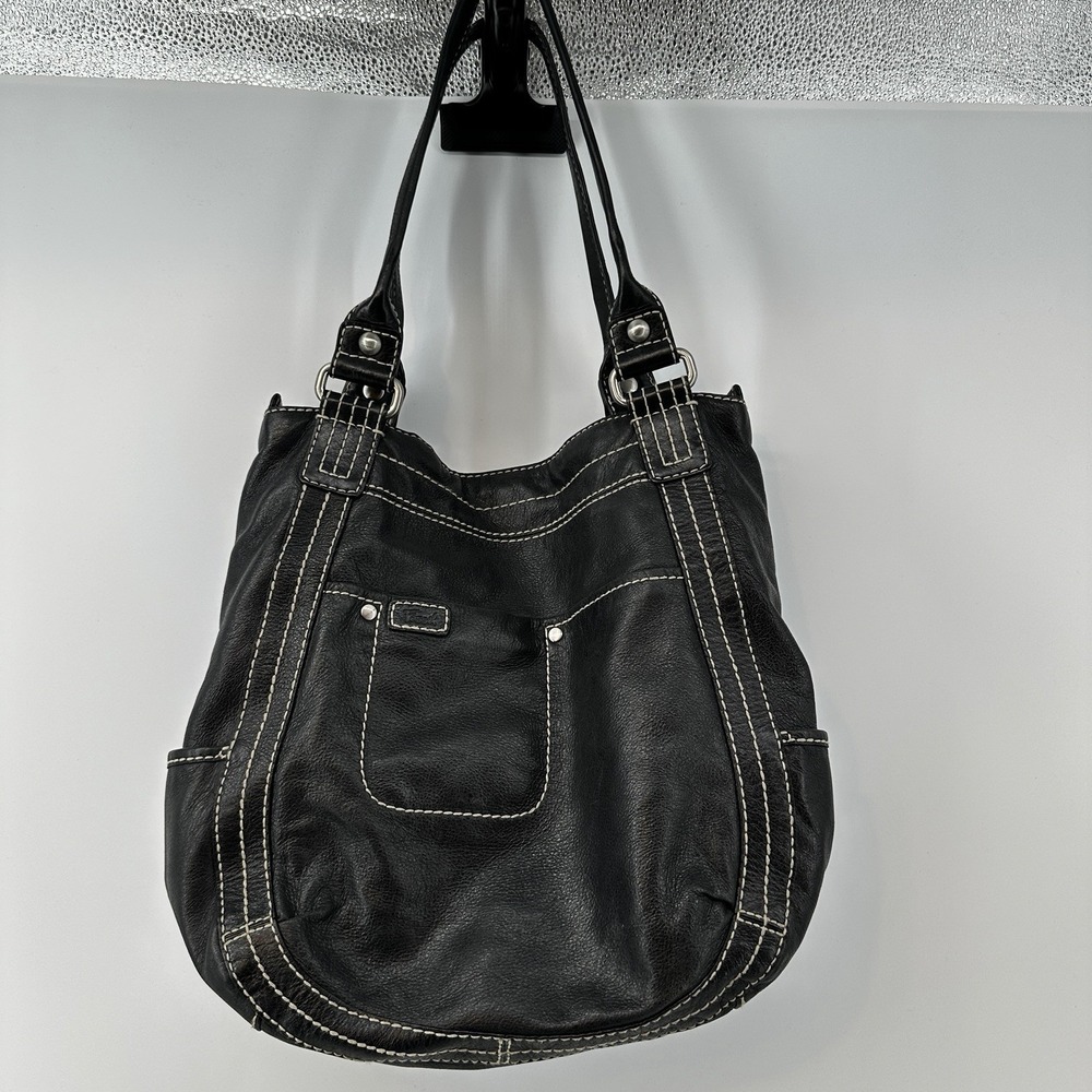 FOSSIL Vintage‎ Genuine Black Leather Handbag Hobo Shoulder Bag Large Key Charm